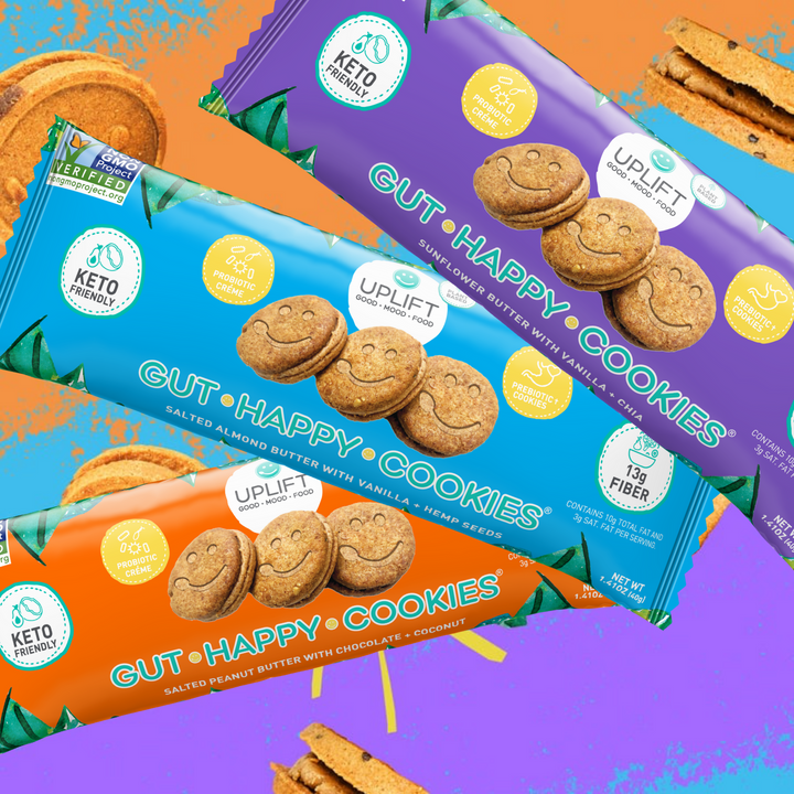 Cookie Sample Pack Almond Peanut Sunflower Butter Gut Happy Cookies with prebiotic fiber and probiotics to support digestive health 