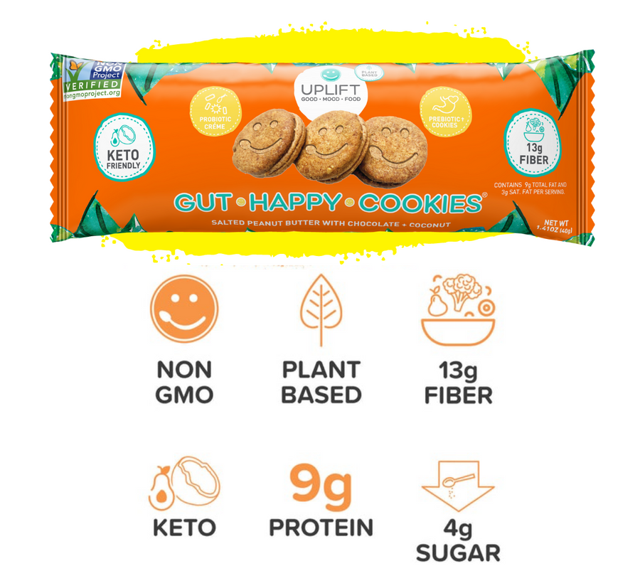 Cookie and Bites Sample Pack Sunflower Almond and Peanut Butter Gut Happy Cookies and Peanut Butter Chocolate and Strawberry and creme bites and prebiotic puffs with prebiotic fiber and probiotics to support digestive health